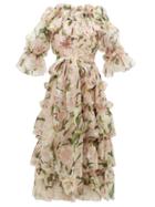 Matchesfashion.com Dolce & Gabbana - Lily Print Ruffled Silk Organza Midi Dress - Womens - Pink Multi