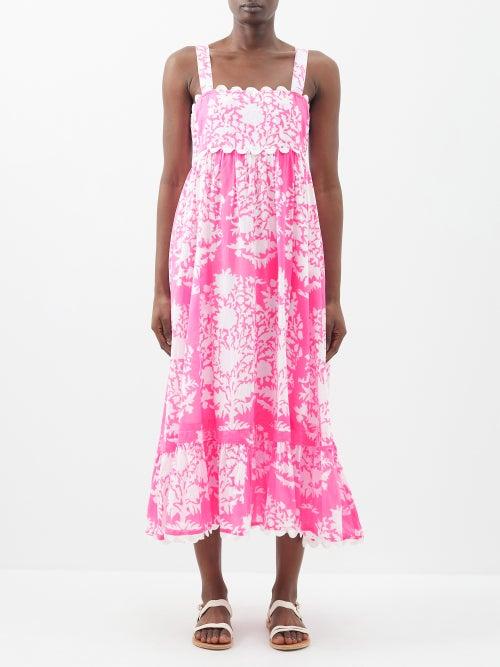 Juliet Dunn - Square-neck Palladio-print Cotton Midi Dress - Womens - Pink White