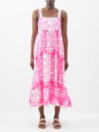 Juliet Dunn - Square-neck Palladio-print Cotton Midi Dress - Womens - Pink White
