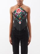 Conner Ives - Tassel-hem Embroidered Crepe Halterneck Top - Womens - Black Multi