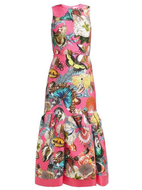 Matchesfashion.com Mary Katrantzou - Raven Floral And Fauna Print Cloqu Midi Dress - Womens - Pink Multi