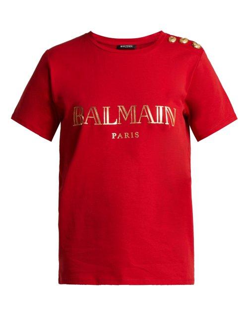 Matchesfashion.com Balmain - Logo Print Cotton T Shirt - Womens - Red