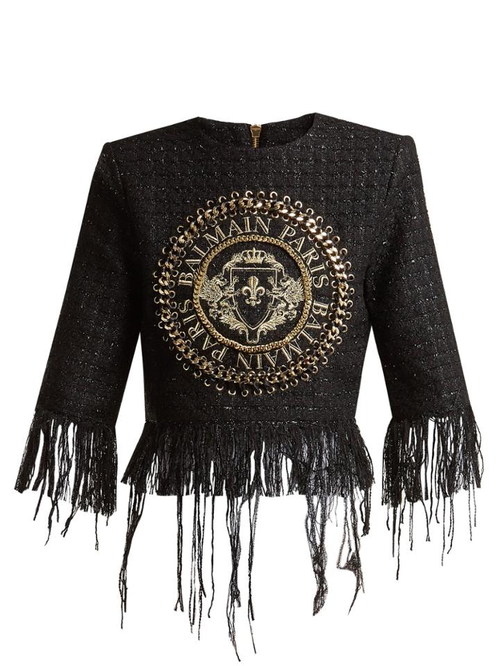 Balmain Logo-embroidered Tweed Top