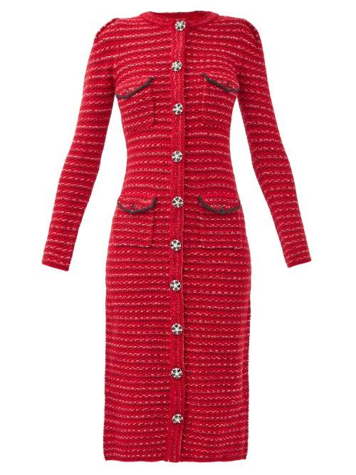 Matchesfashion.com Self-portrait - Crystal-button Cotton-blend Knitted Dress - Womens - Red
