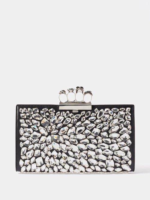 Alexander Mcqueen - Four Ring Crystal-embellished Leather Clutch Bag - Womens - Silver