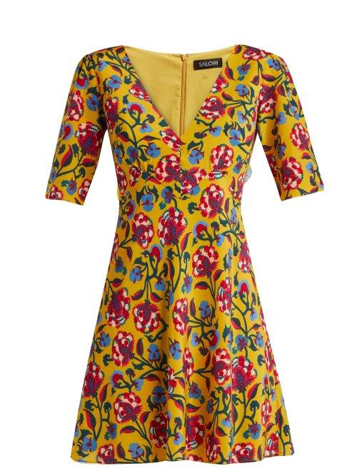 Matchesfashion.com Saloni - Corinne Floral Print Silk Dress - Womens - Yellow Multi