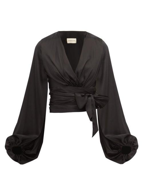 Matchesfashion.com Alexandre Vauthier - Balloon Sleeve Silk Blend Satin Wrap Top - Womens - Black