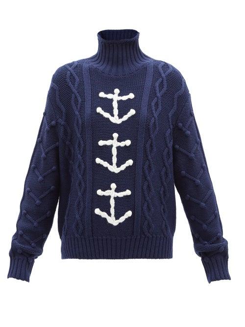 Shrimps - Bartholomew Anchor Merino-blend Roll-neck Sweater - Womens - Navy White