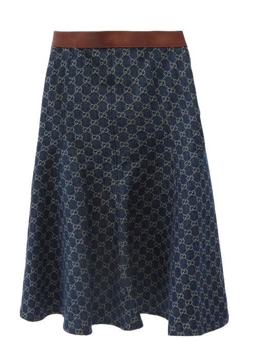 Gucci - Gg-jacquard Leather-trim Denim Skirt - Womens - Denim