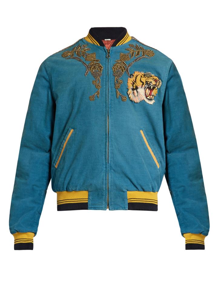 Gucci Dragon-embroidered Corduroy Bomber Jacket