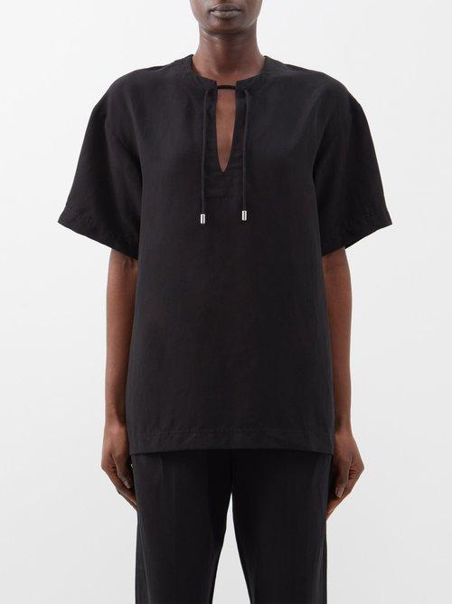 Toteme - Drawstring-front Slubbed-canvas Top - Womens - Black