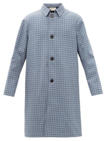 Marni - Single-breasted Check Wool Overcoat - Mens - Light Blue