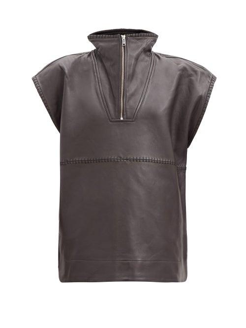 Matchesfashion.com Ganni - Quarter-zip Whipstitched-leather Top - Womens - Dark Brown