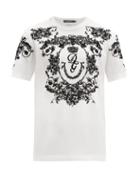 Matchesfashion.com Dolce & Gabbana - Flocked Rose And Monogram Roundel Cotton T Shirt - Mens - White