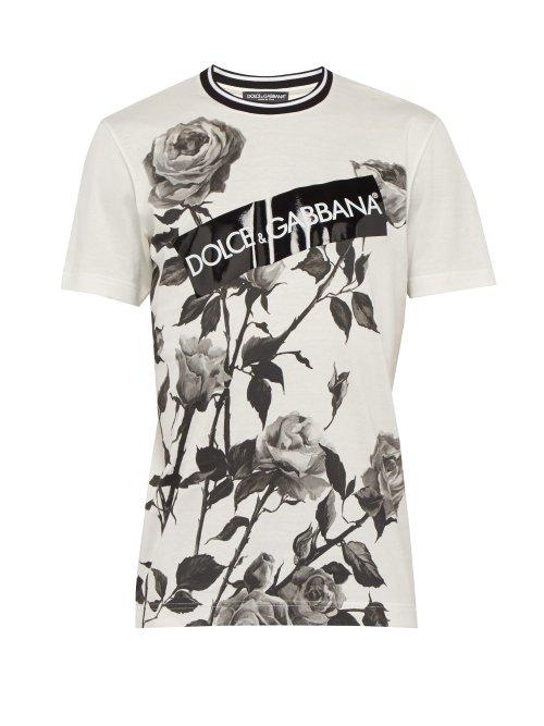 Matchesfashion.com Dolce & Gabbana - Logo And Rose Print Cotton T Shirt - Mens - White