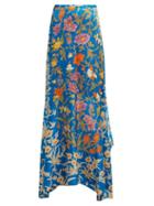 Matchesfashion.com Peter Pilotto - Botanical Print Hammered Silk Blend Maxi Skirt - Womens - Blue Multi