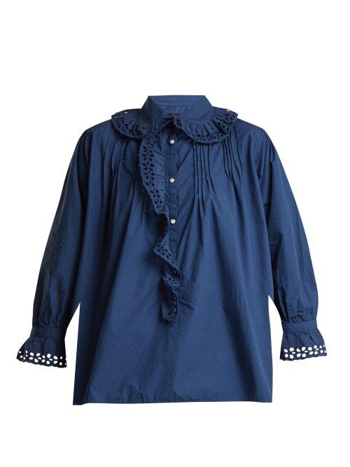 Matchesfashion.com Nili Lotan - Broderie Anglaise Trimmed Cotton Blouse - Womens - Blue