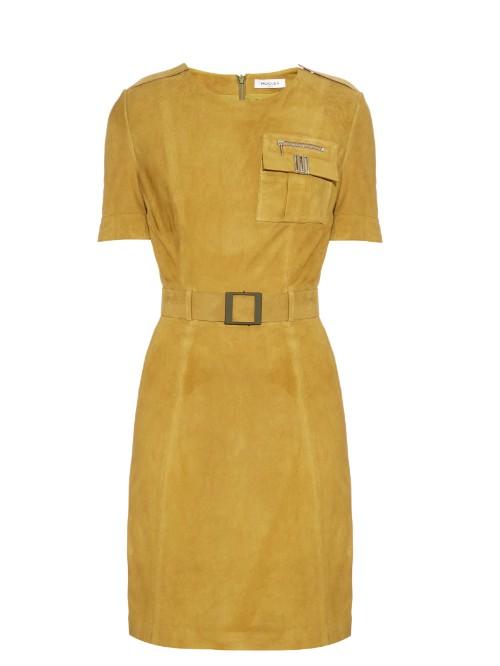 Mugler Short-sleeved Belted Suede Dress