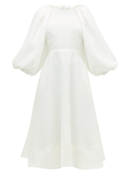 Matchesfashion.com Ssone - Cut Out Balloon Sleeve Hemp Midi Dress - Womens - Ivory