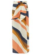 Cala De La Cruz - Julieta Diagonal-stripe Wrap Linen Midi Skirt - Womens - Brown Print