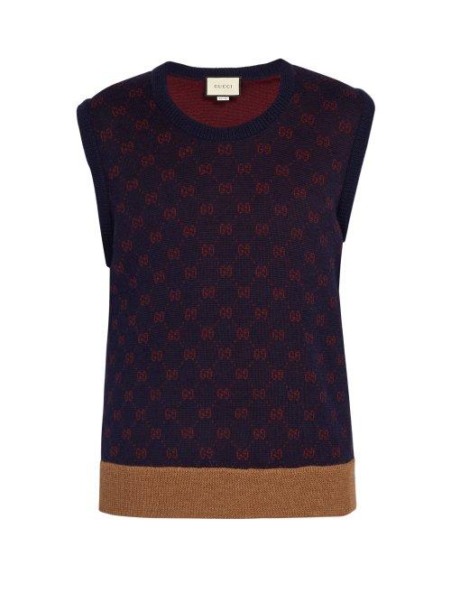 Matchesfashion.com Gucci - Sleeveless Gg Jacquard Wool Blend Sweater - Mens - Navy