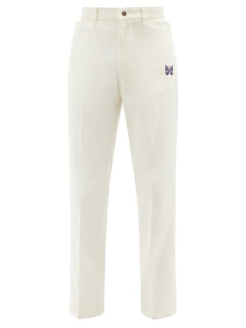 Needles - Butterfly-embroidered Twill Trousers - Mens - Cream
