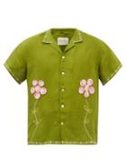 Harago - Crochet-flower Linen Short-sleeved Shirt - Mens - Green