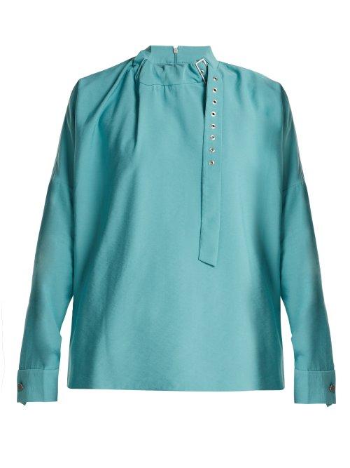 Matchesfashion.com Tibi - Buckled Neck Twill Blouse - Womens - Blue