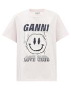 Ganni - Love Club Smiley-print Jersey T-shirt - Womens - Light Pink