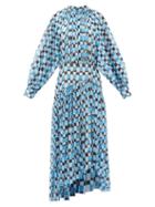 Marni - Dolman-sleeve Checked Silk Dress - Womens - Blue Multi