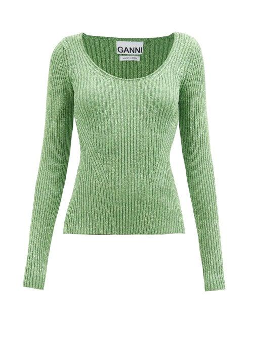 Ganni - Scoop-neck Metallic-jersey Long-sleeve Top - Womens - Green