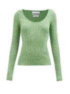 Ganni - Scoop-neck Metallic-jersey Long-sleeve Top - Womens - Green
