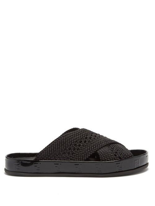 Matchesfashion.com Fendi - Reflections Ff-logo Faux-raffia Espadrille Slides - Mens - Black