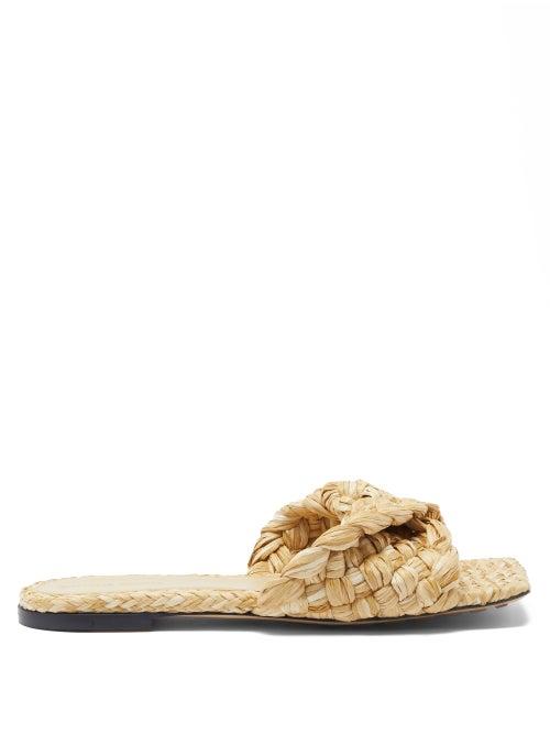 Matchesfashion.com Bottega Veneta - Stretch Intrecciato Raffia Slides - Womens - Beige