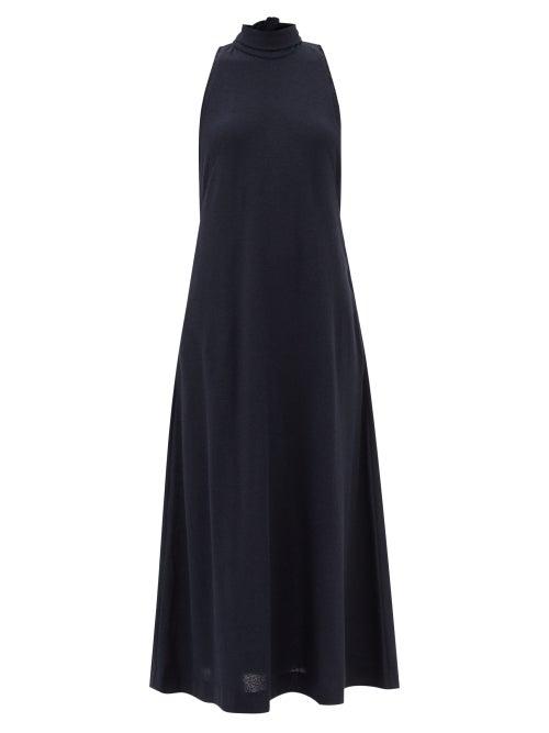 Three Graces London - Hannah High-neck Frayed-boucl Longline Dress - Womens - Navy