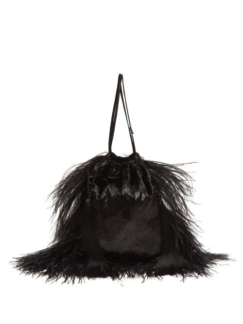 Matchesfashion.com Attico - Feather Trimmed Velvet Drawstring Pouch - Womens - Black
