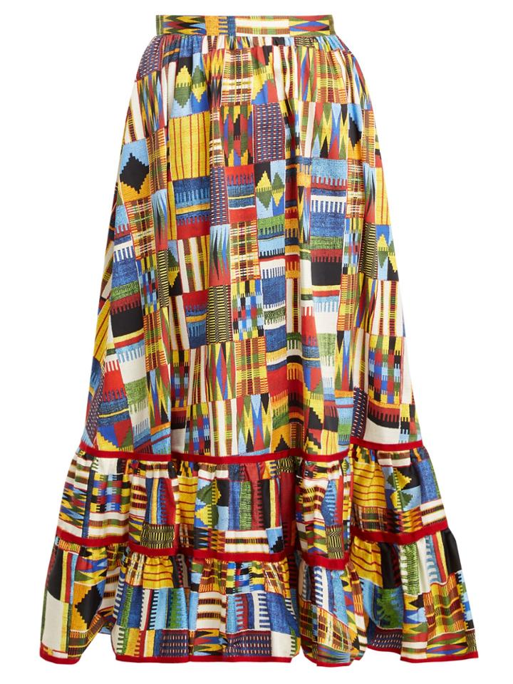 Stella Jean Ikat-print Ruffled-hem Cotton-blend Midi Skirt
