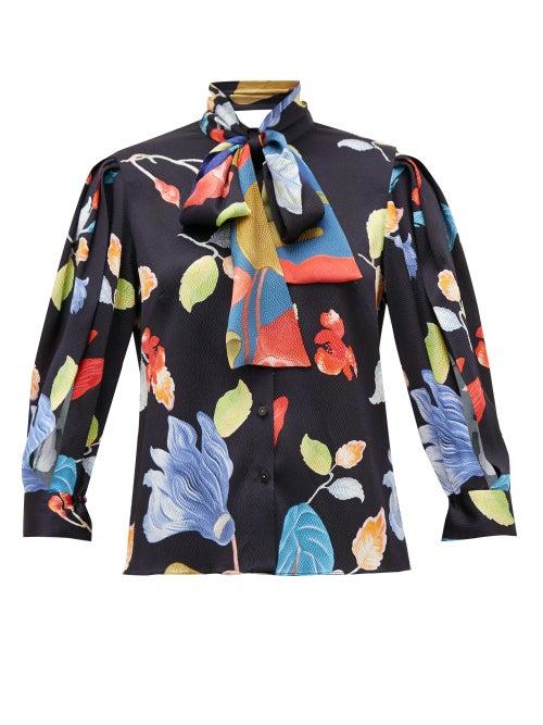 Matchesfashion.com Peter Pilotto - Floral-print Silk-blend Seersucker Blouse - Womens - Black Print