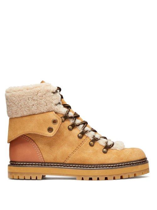 Matchesfashion.com See By Chlo - Eileen Shearling Trimmed Suede Ankle Boots - Womens - Light Tan