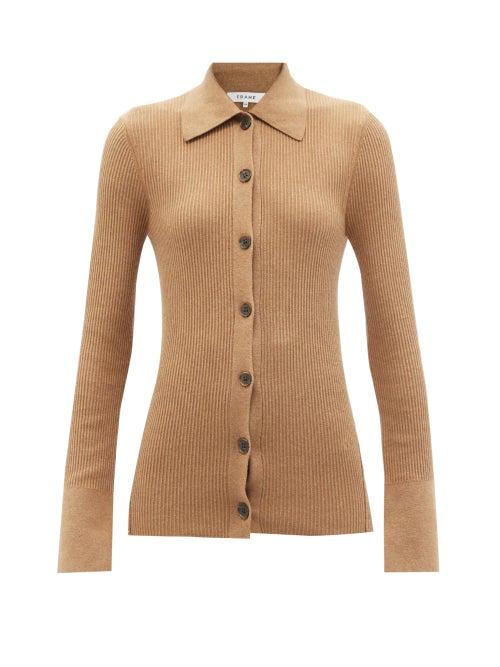 Ladies Rtw Frame - Point-collar Ribbed Cotton-blend Cardigan - Womens - Beige