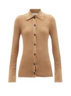Ladies Rtw Frame - Point-collar Ribbed Cotton-blend Cardigan - Womens - Beige