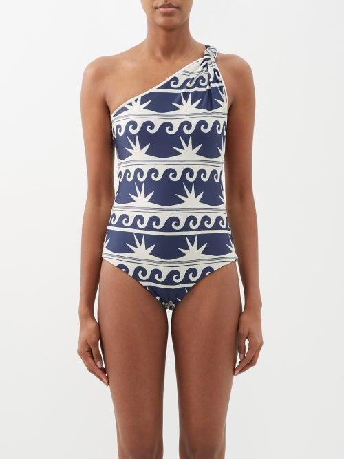 Johanna Ortiz - Ocean Amulet One-shoulder Swimsuit - Womens - Navy Print