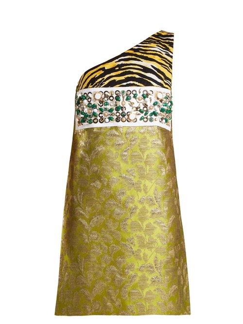Matchesfashion.com Prada - Contrast Panel Asymmetric Neck Brocade Dress - Womens - Green Multi