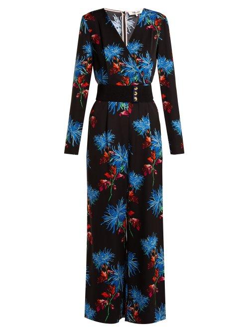 Matchesfashion.com Diane Von Furstenberg - Hewes Floral Print Jumpsuit - Womens - Black Print
