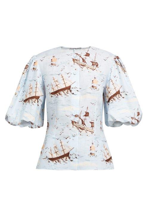 Matchesfashion.com Emilia Wickstead - Selena Ship Print Cotton Blouse - Womens - Blue Print