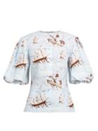 Matchesfashion.com Emilia Wickstead - Selena Ship Print Cotton Blouse - Womens - Blue Print