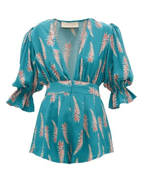 Matchesfashion.com Adriana Degreas - Aloe Print Silk Crepe Playsuit - Womens - Blue Print