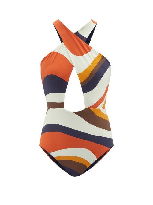 Cala De La Cruz - Susana Crossover Cutout Swimsuit - Womens - Brown Print