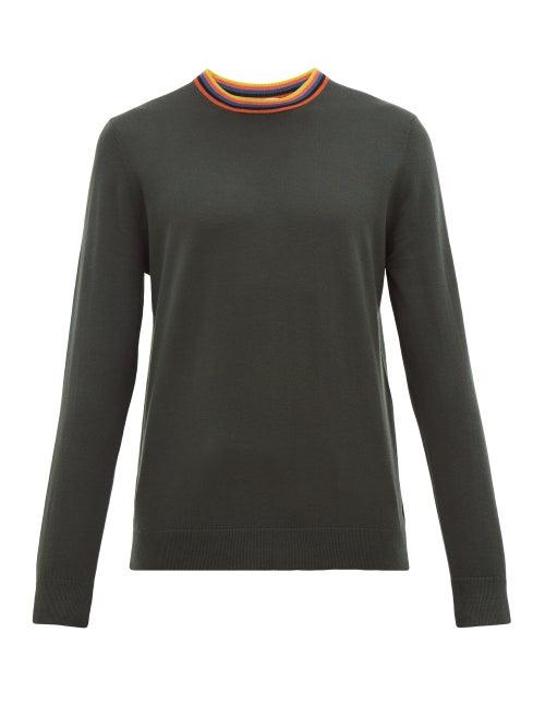 Matchesfashion.com Paul Smith - Artist Stripe-neck Merino Wool Sweater - Mens - Dark Grey