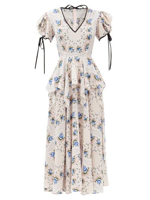 Matchesfashion.com Rodarte - Puff-sleeve Floral-print Silk-blend Crepe Dress - Womens - Blue White
